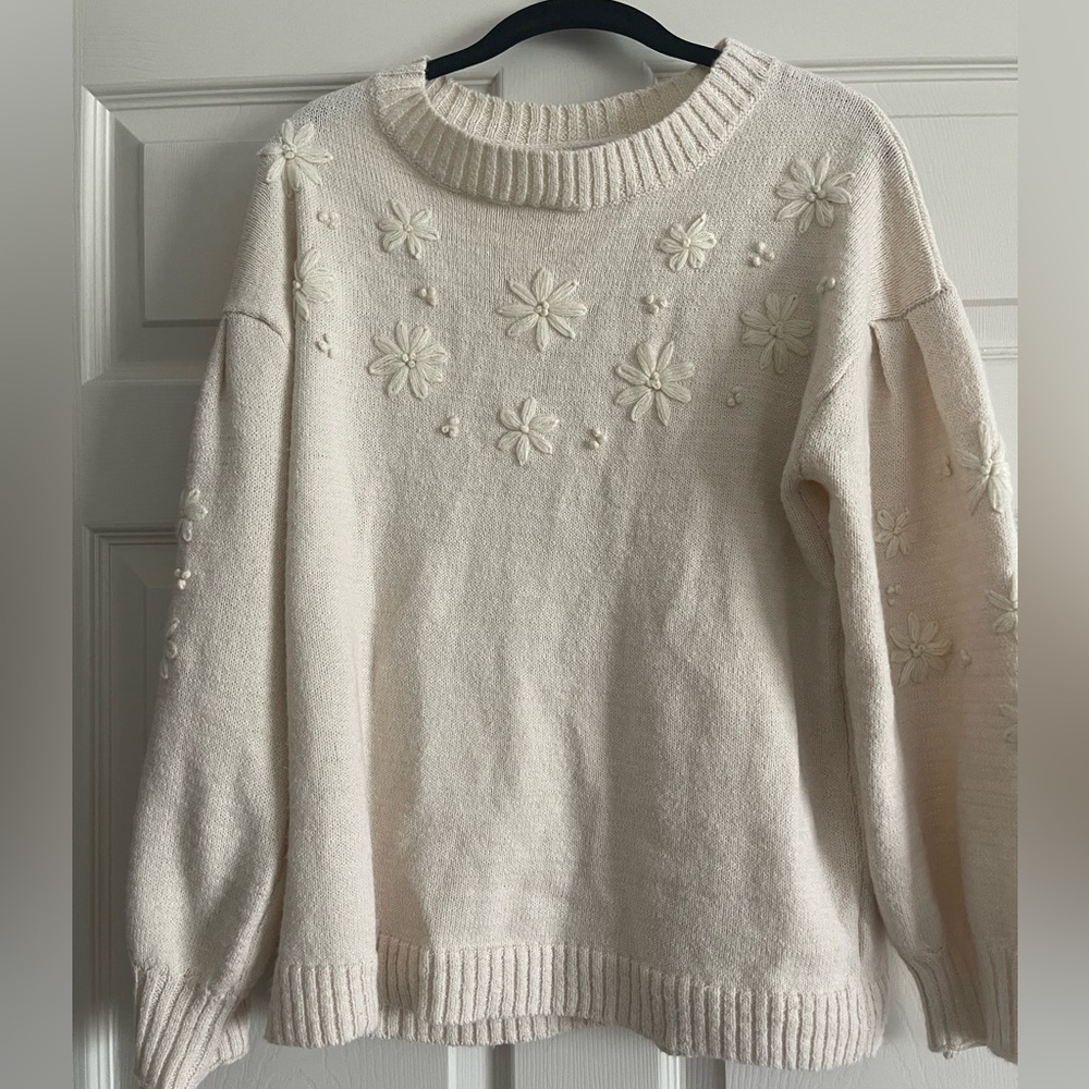 Cozy Casual Ivory Floral Knit Sweater